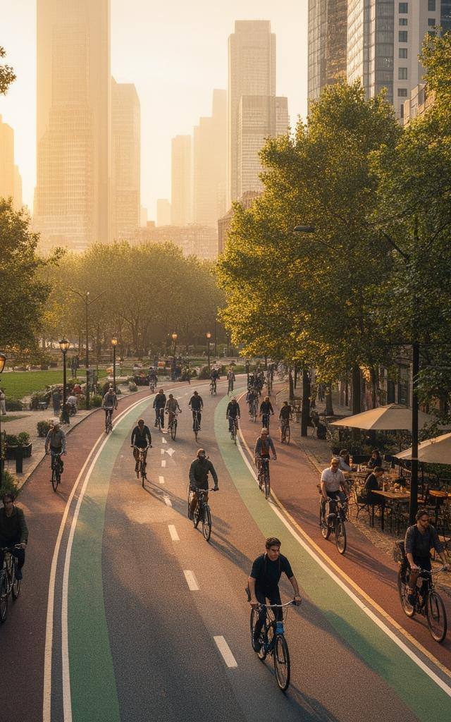 Cyclists on a protected lane in a 15-minute city, seamless urban design