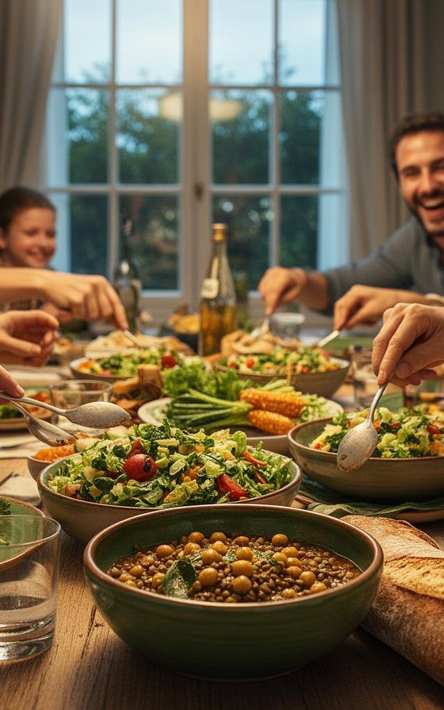 Famille partageant un repas végétarien lundi sans viande avec légumes de saison, l’impact Meat Free Monday illustré