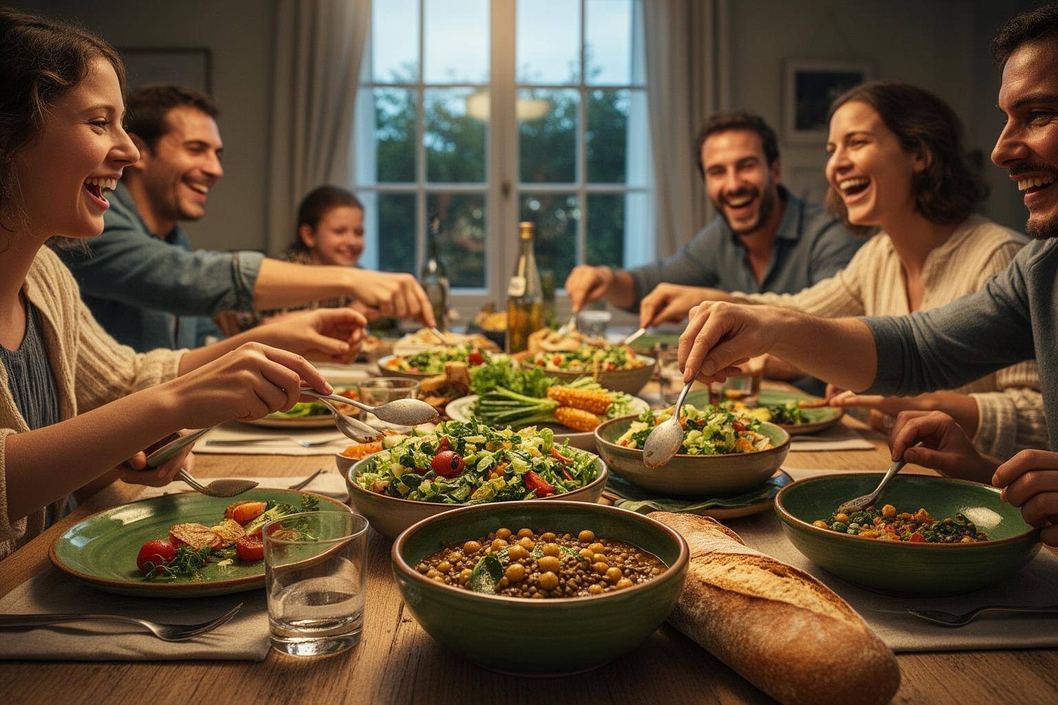 Famille partageant un repas végétarien lundi sans viande avec légumes de saison, l’impact Meat Free Monday illustré