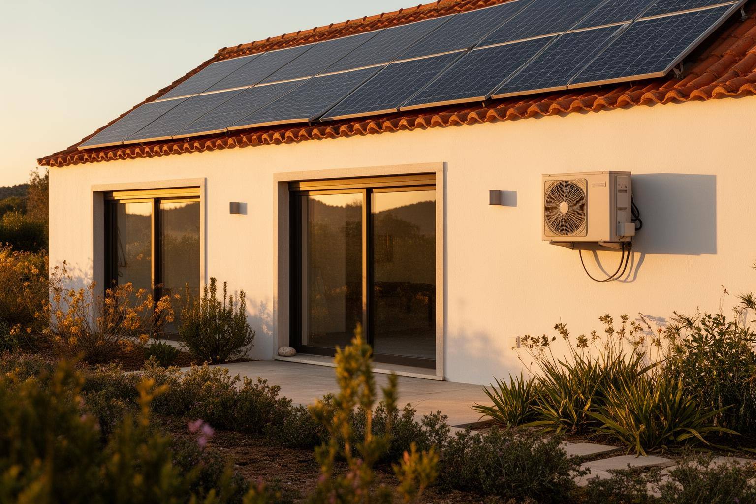Casa portuguesa moderna com bomba de calor e painéis solares, ilustrando a adoção de aquecimento eficiente em Portugal.
