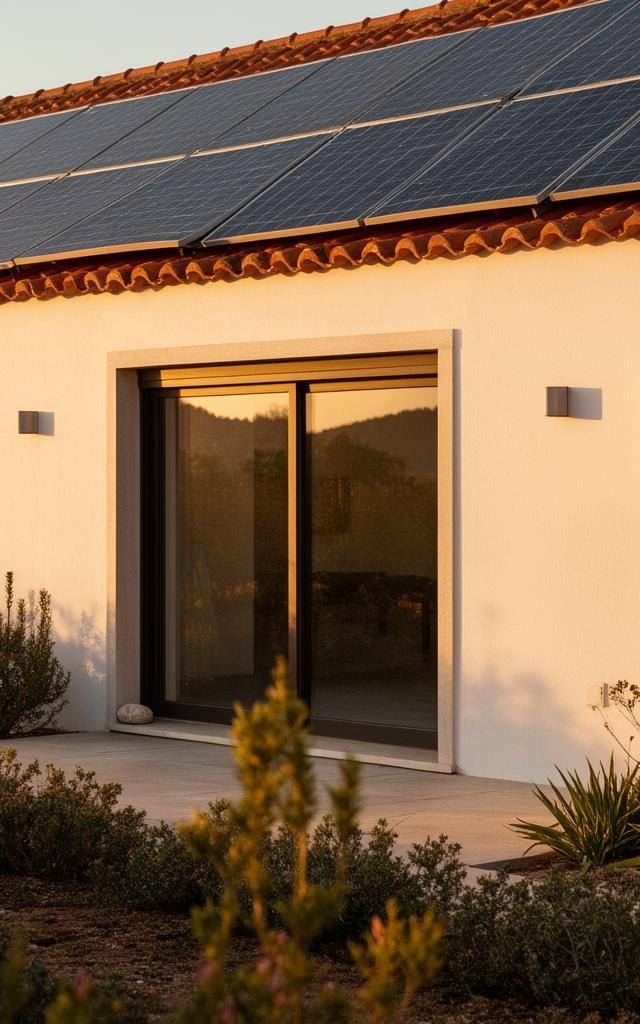 Casa portuguesa moderna com bomba de calor e painéis solares, ilustrando a adoção de aquecimento eficiente em Portugal.