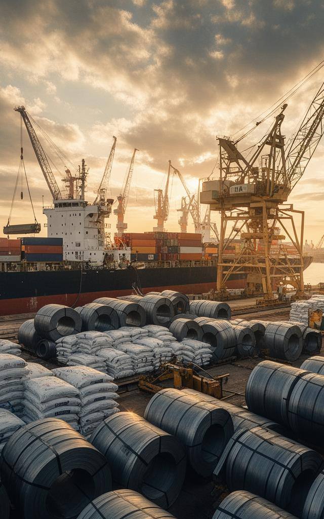 Importierte Stahlrollen und Zementsäcke im Hamburger Hafen unter CBAM-Bedingungen.