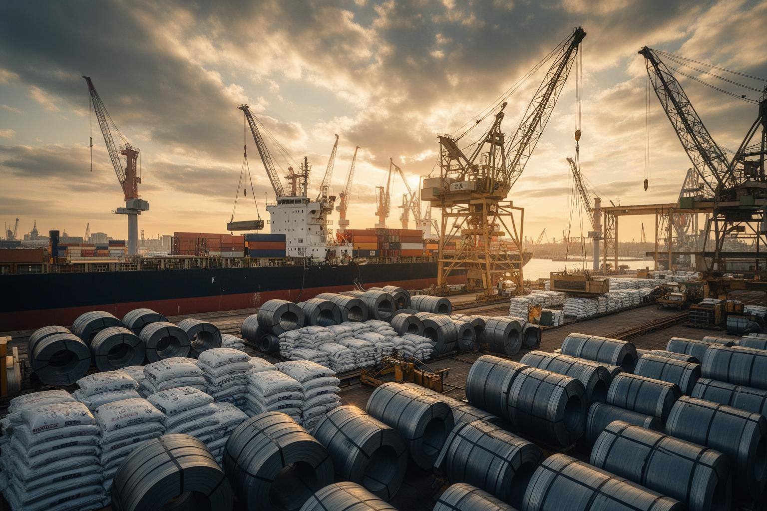 Importierte Stahlrollen und Zementsäcke im Hamburger Hafen unter CBAM-Bedingungen.