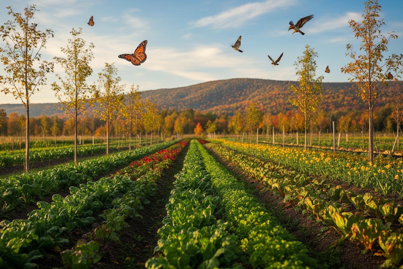 Regenerative farm field with diverse crops and trees, symbolizing factory farming biodiversity loss solutions