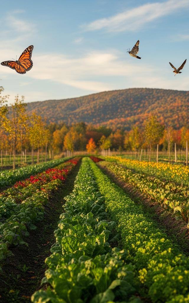 Regenerative farm field with diverse crops and trees, symbolizing factory farming biodiversity loss solutions