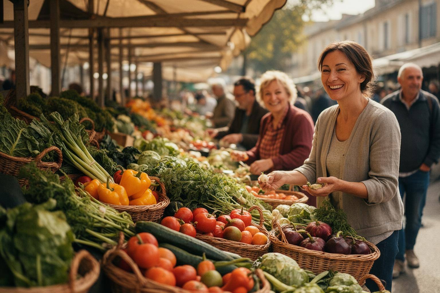 comment réduire empreinte carbone : marché de producteurs avec paniers de légumes locaux