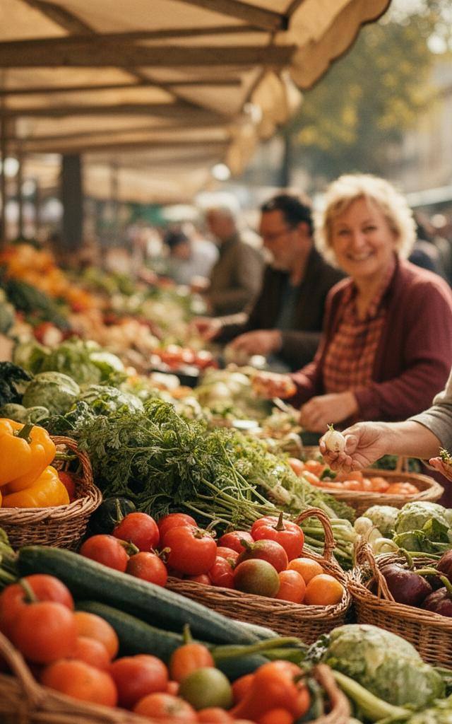 comment réduire empreinte carbone : marché de producteurs avec paniers de légumes locaux