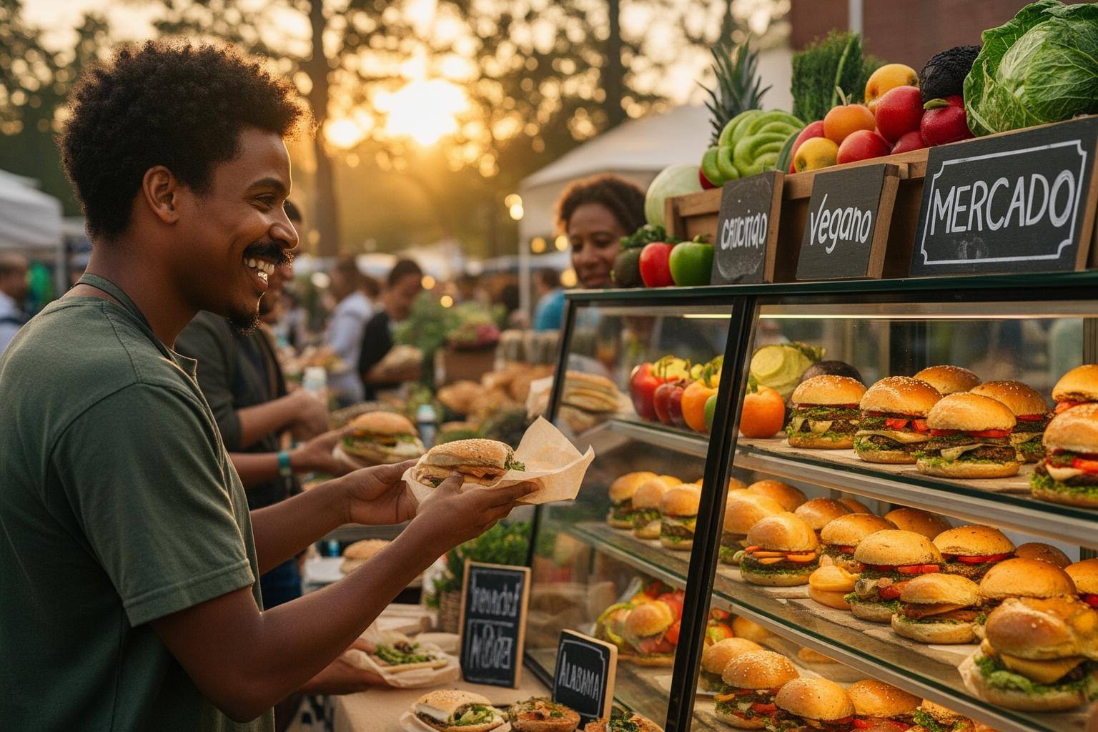 Mercado vegano en Alabama con alternativas vegetales, mostrando productos éticos y sostenibles