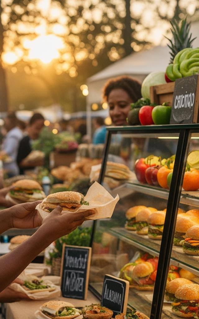 Mercado vegano en Alabama con alternativas vegetales, mostrando productos éticos y sostenibles