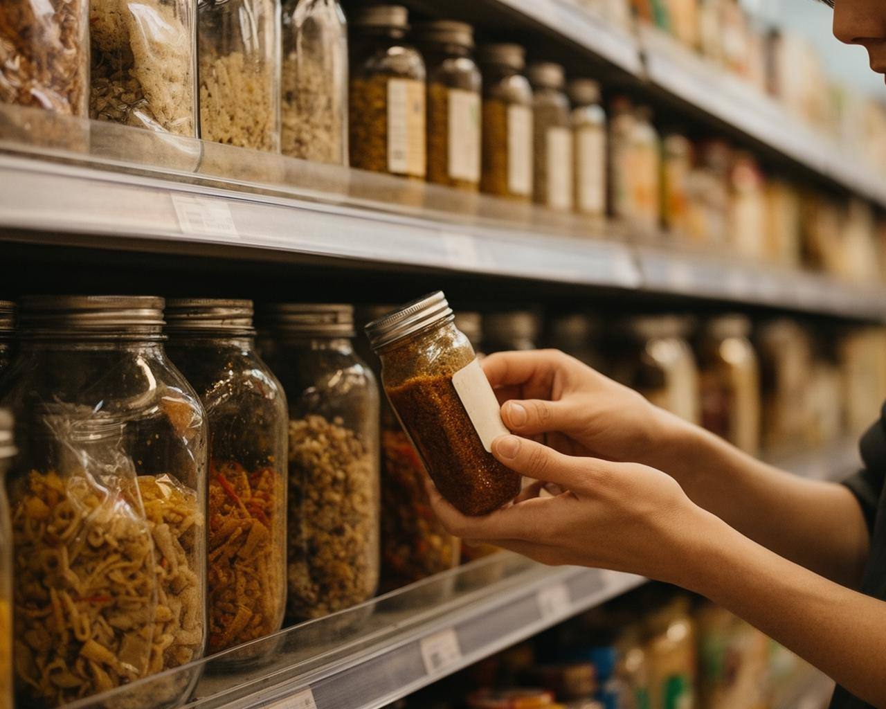 超市货架前,手捧食品包装仔细阅读标签