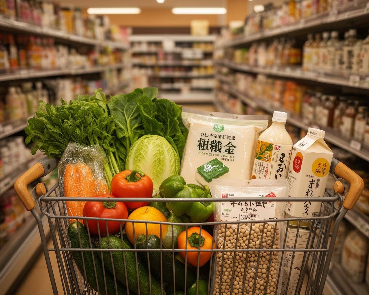 日本のスーパーで新鮮な野菜や豆腐を買い物かごに入れる様子
