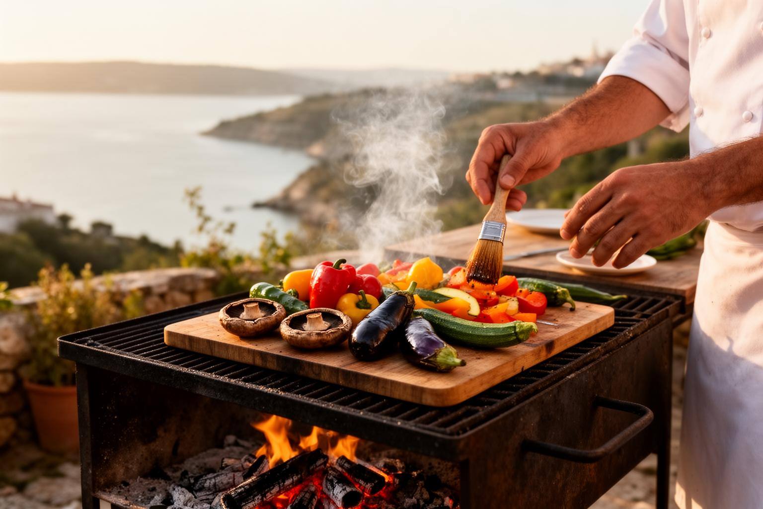 Churrasco sem gordura com vegetais grelhados na grelha de ferro em pátio português.