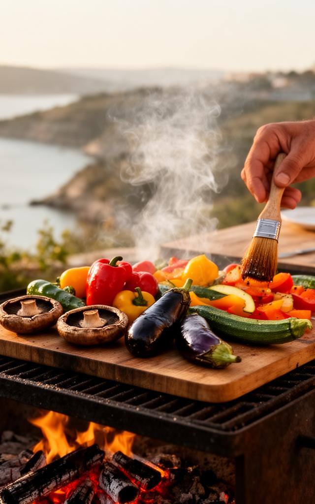 Churrasco sem gordura com vegetais grelhados na grelha de ferro em pátio português.