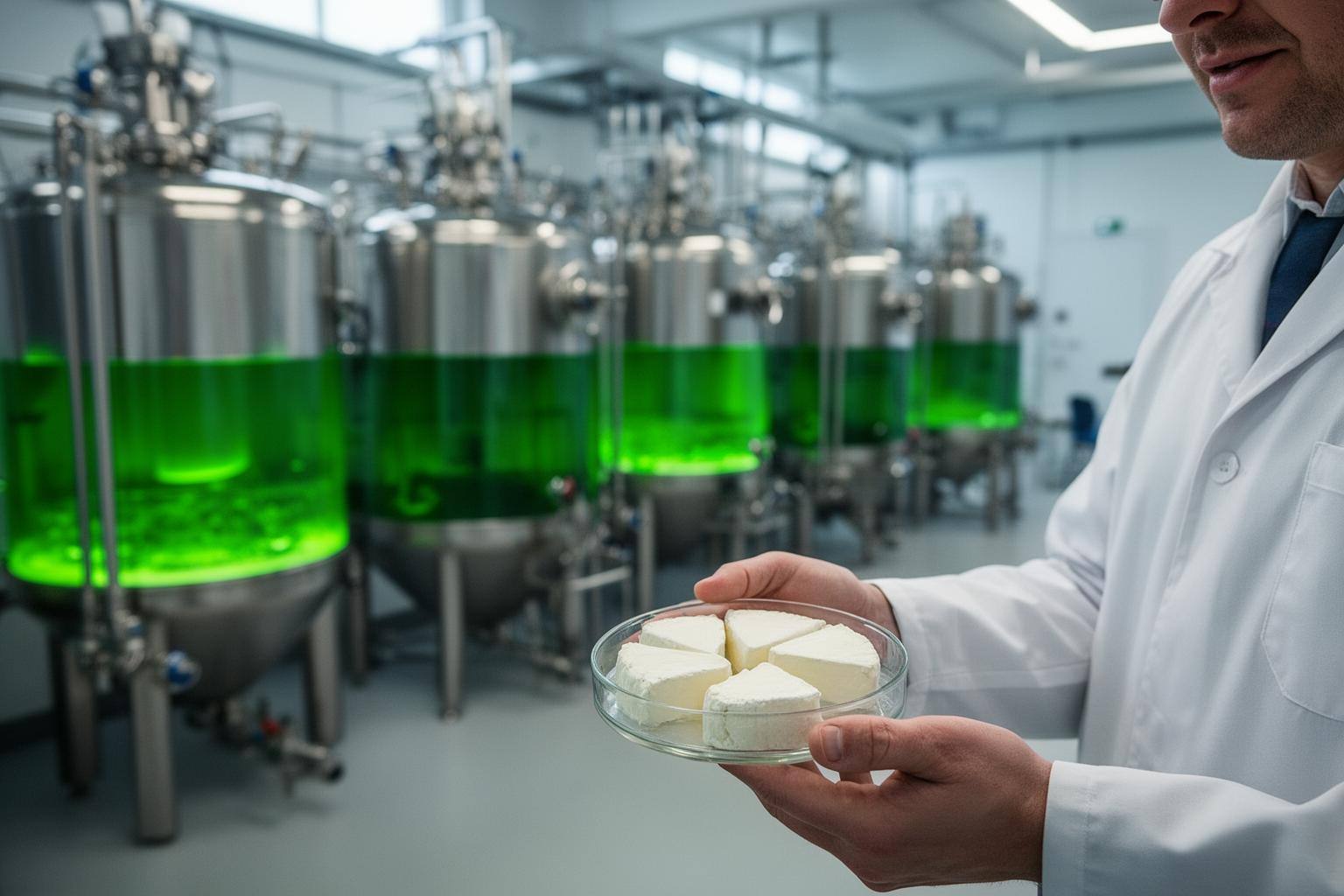 Moderne Fermentationsanlage mit Edelstahl-Bioreaktoren in Berlin – Präzisionsfermentation für Fleisch und Käse der Zukunft