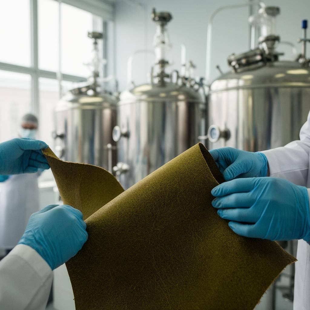 Agricultora sorridente segurando cesto de legumes orgânicos em feira, com bancas ao fundo