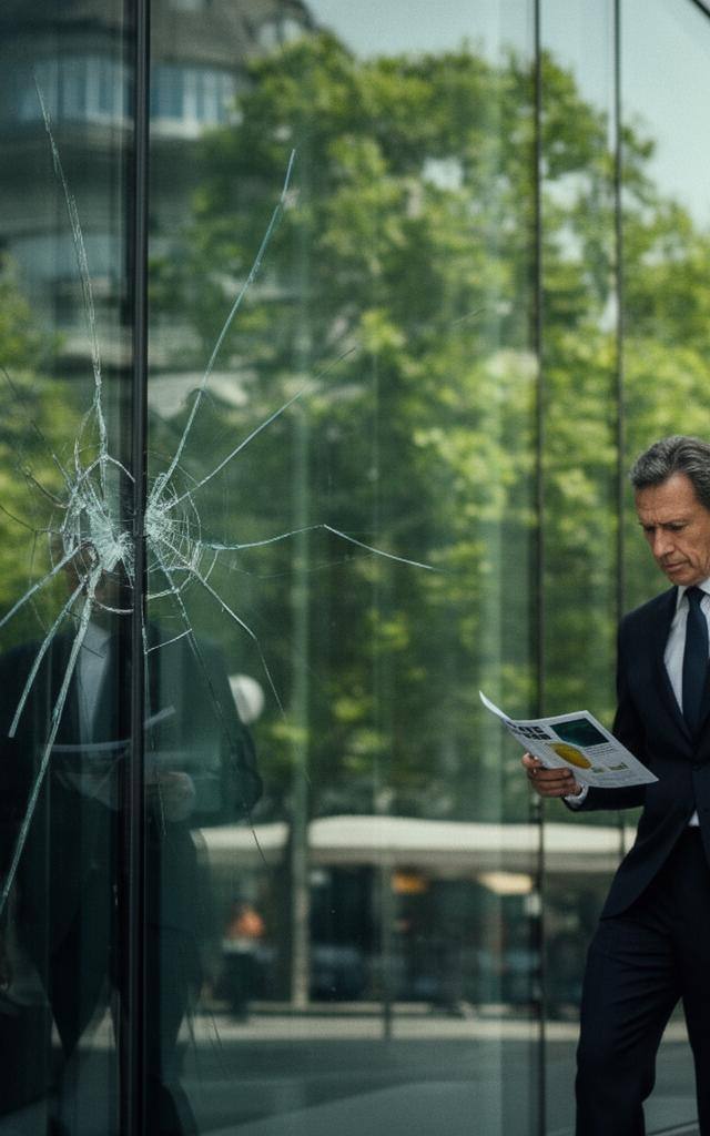 Façade en verre d'une banque suisse reflétant des arbres verts, symbole de la finance verte