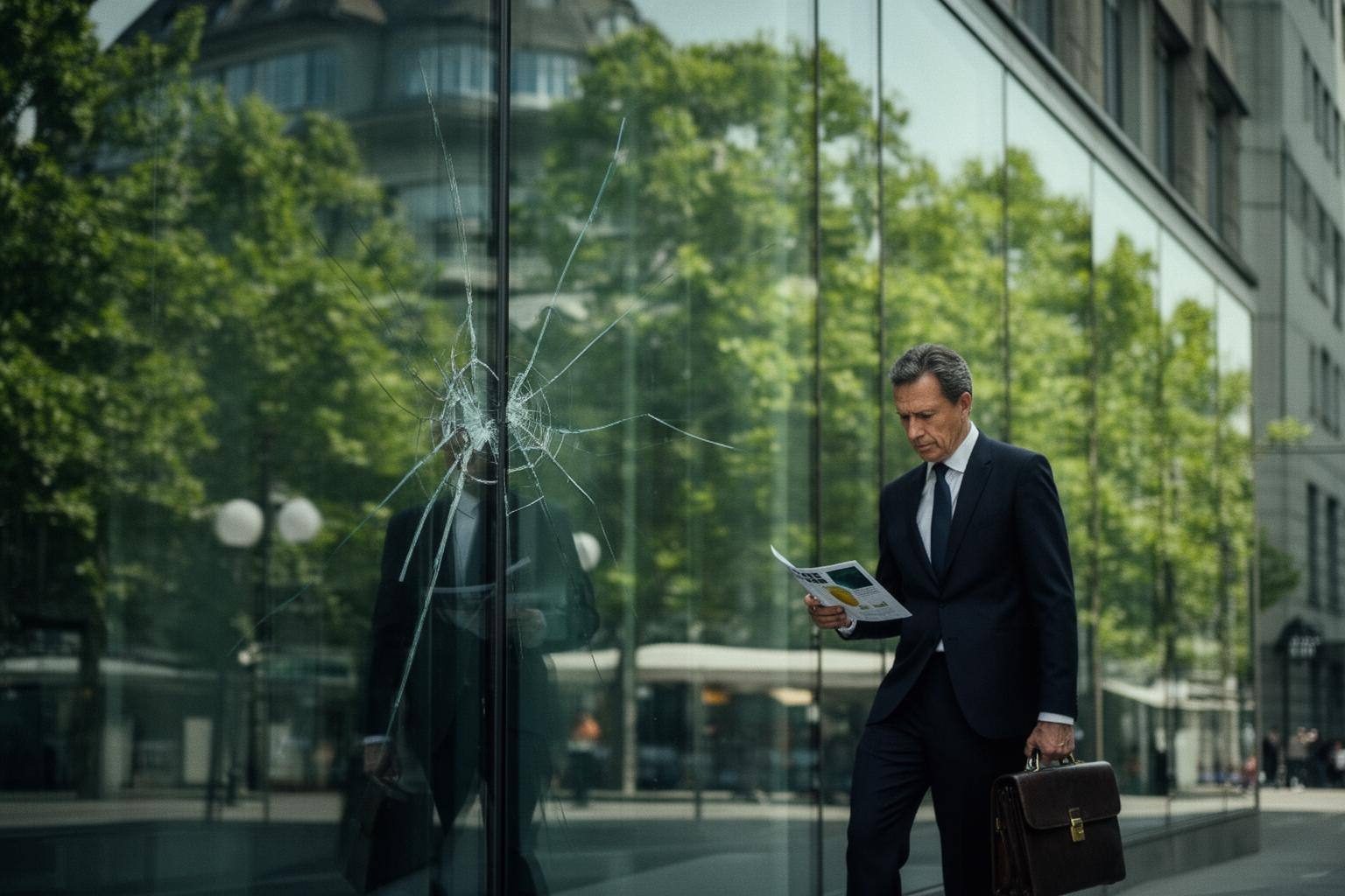 Façade en verre d'une banque suisse reflétant des arbres verts, symbole de la finance verte
