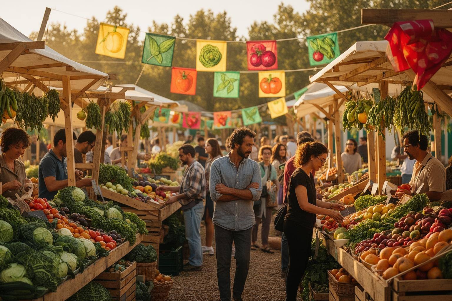 Feira orgânica movimentada com bancas de vegetais frescos e pessoas a comprar, em Portugal, com luminosidade natural
