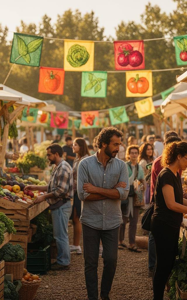 Feira orgânica movimentada com bancas de vegetais frescos e pessoas a comprar, em Portugal, com luminosidade natural