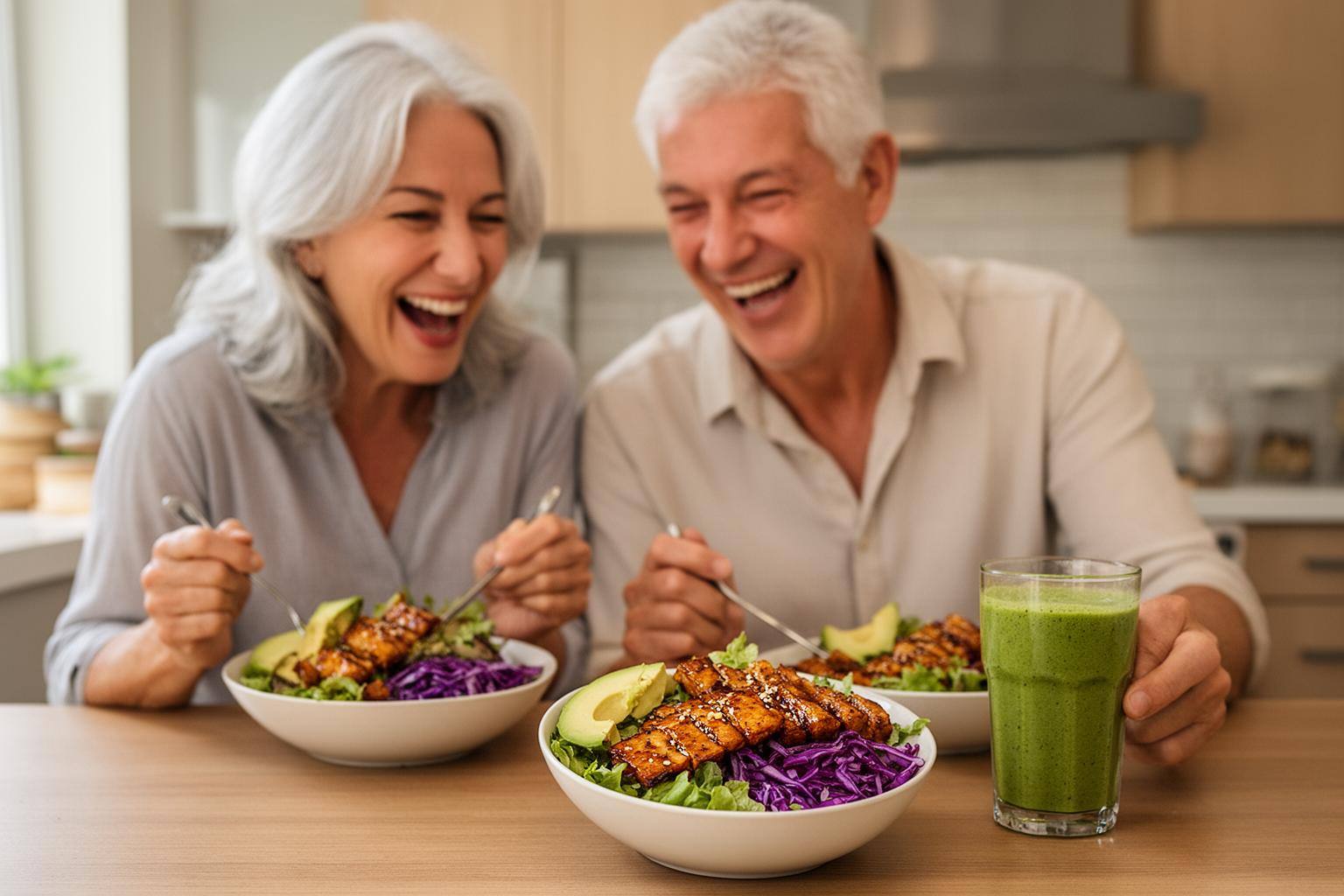 Active vegan senior couple preparing a healthy plant-based meal in a bright kitchen.