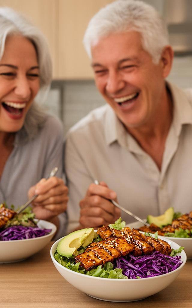 Active vegan senior couple preparing a healthy plant-based meal in a bright kitchen.