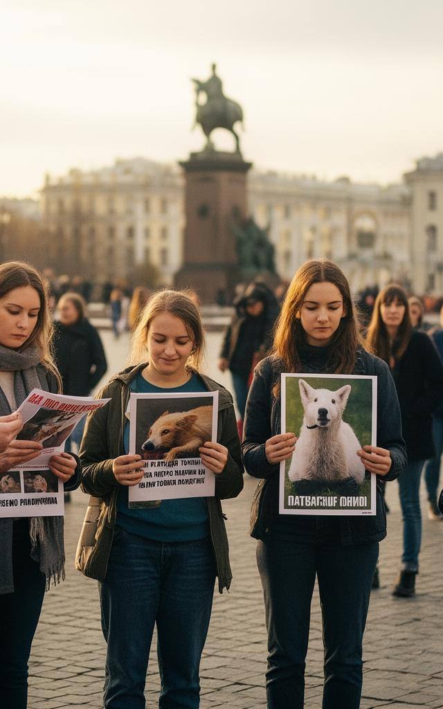 Акция против эксплуатации животных в России: активисты с плакатами в городском сквере, сентябрь 2026
