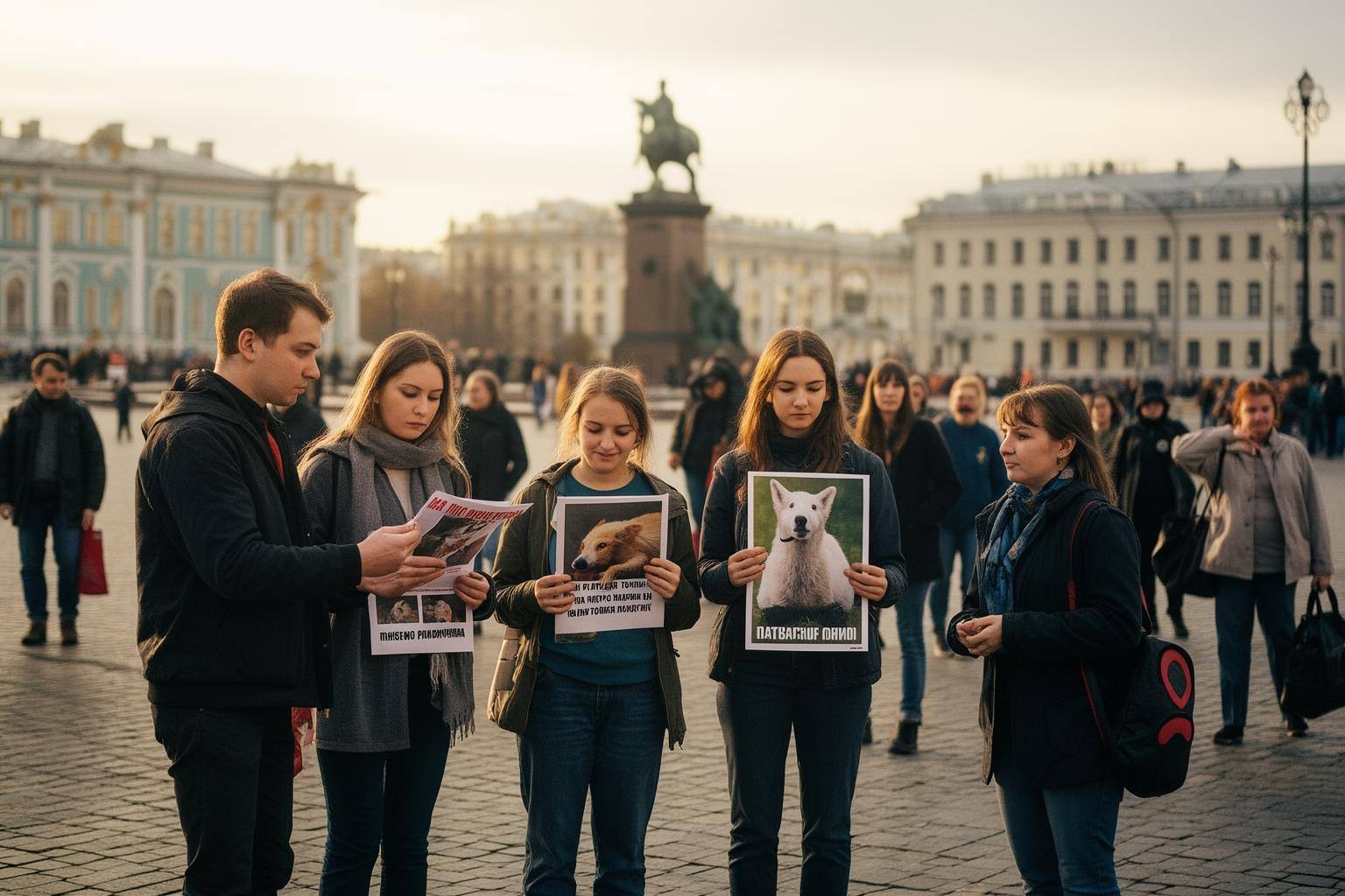 Акция против эксплуатации животных в России: активисты с плакатами в городском сквере, сентябрь 2026