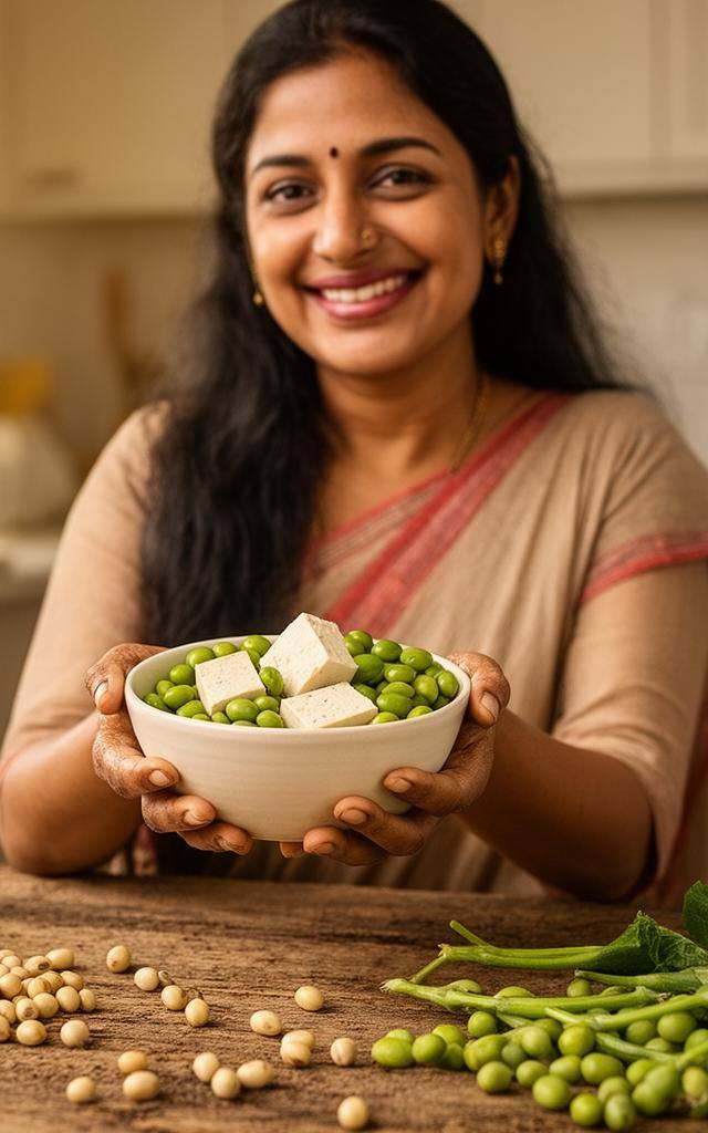 সয়া প্রোটিন ও নারী স্বাস্থ্য: এক নারী হাতে টফু ও সয়াজাত খাবার নিয়ে