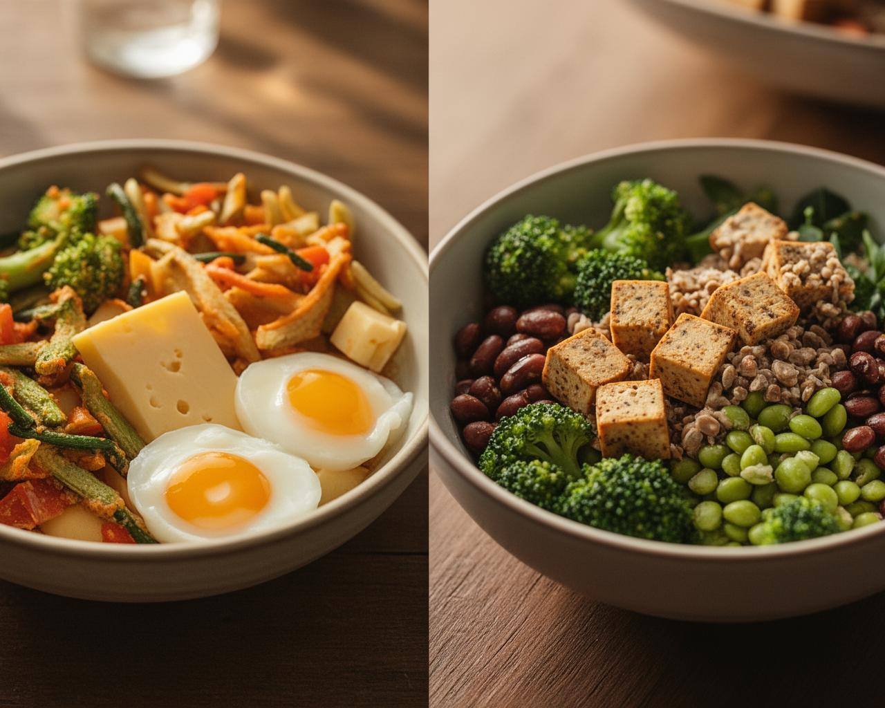 Mesa com dois lados: um vegetariano com queijos e ovos, outro vegano com pratos coloridos de plantas.
