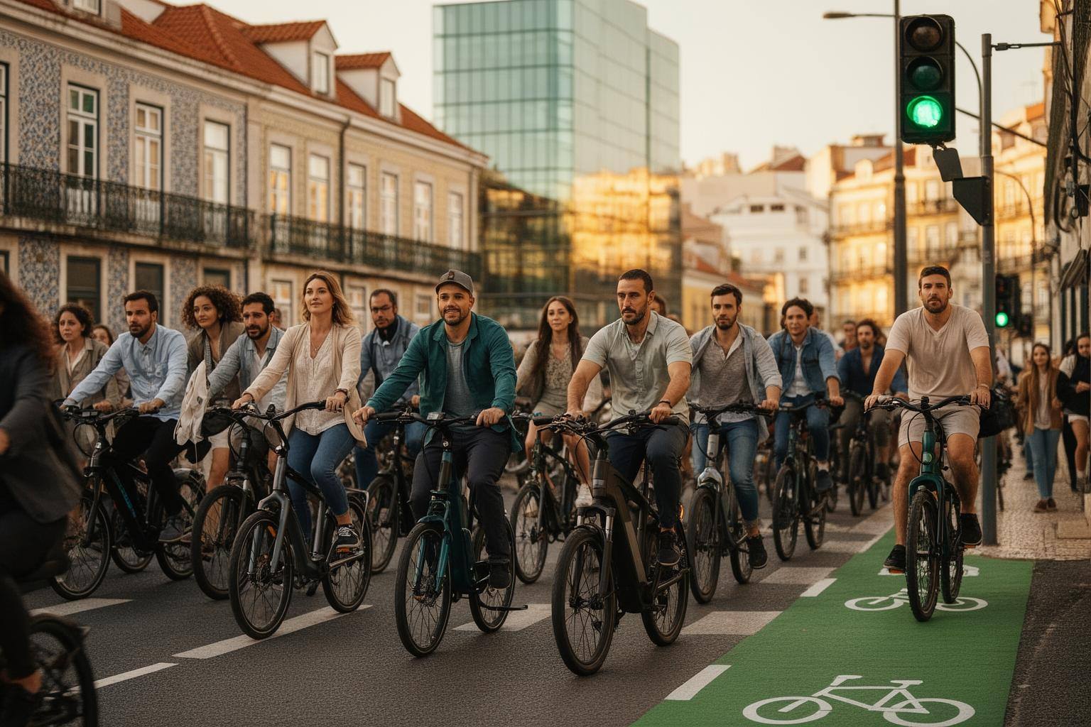 Comboio de ciclistas urbanos numa ciclovia moderna em Lisboa ao nascer do sol, revelando o aumento do ciclismo em Portugal.