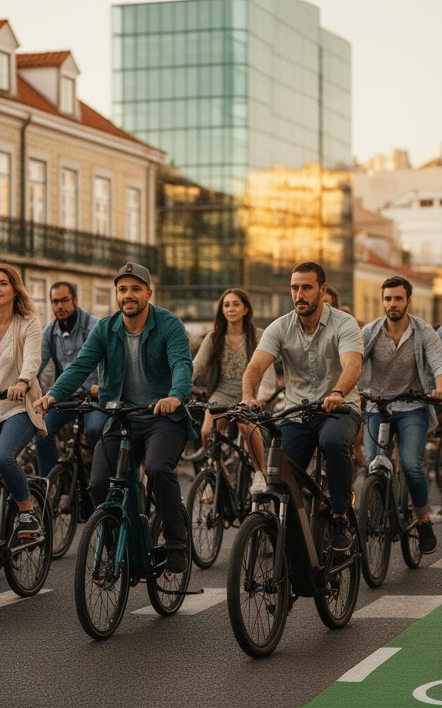 Comboio de ciclistas urbanos numa ciclovia moderna em Lisboa ao nascer do sol, revelando o aumento do ciclismo em Portugal.