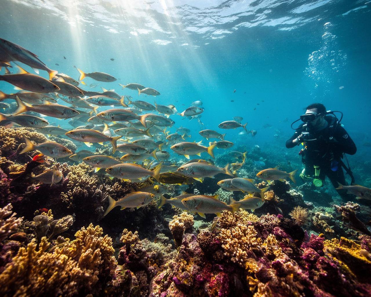 Diver observing vibrant coral reef with fish, sunlight rays.