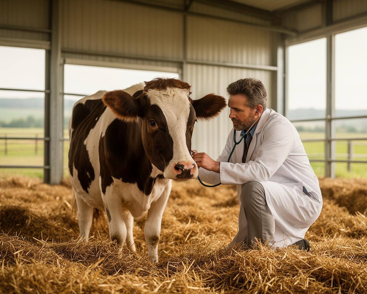 Veterinário cuidando de vaca em estábulo moderno com feno, transmitindo bem-estar animal.