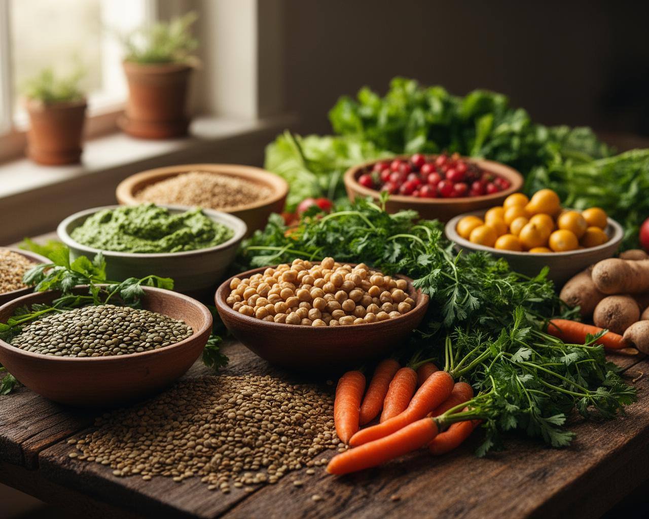 Abondance d'aliments végétaux sur une table en bois, éclairage chaleureux.