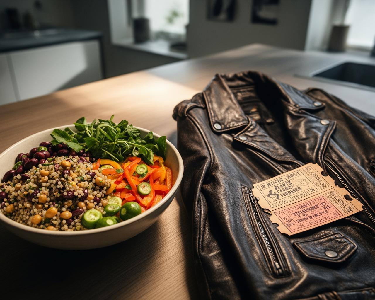 Assiette végétale et veste en cuir représentant vegan vs plant-based