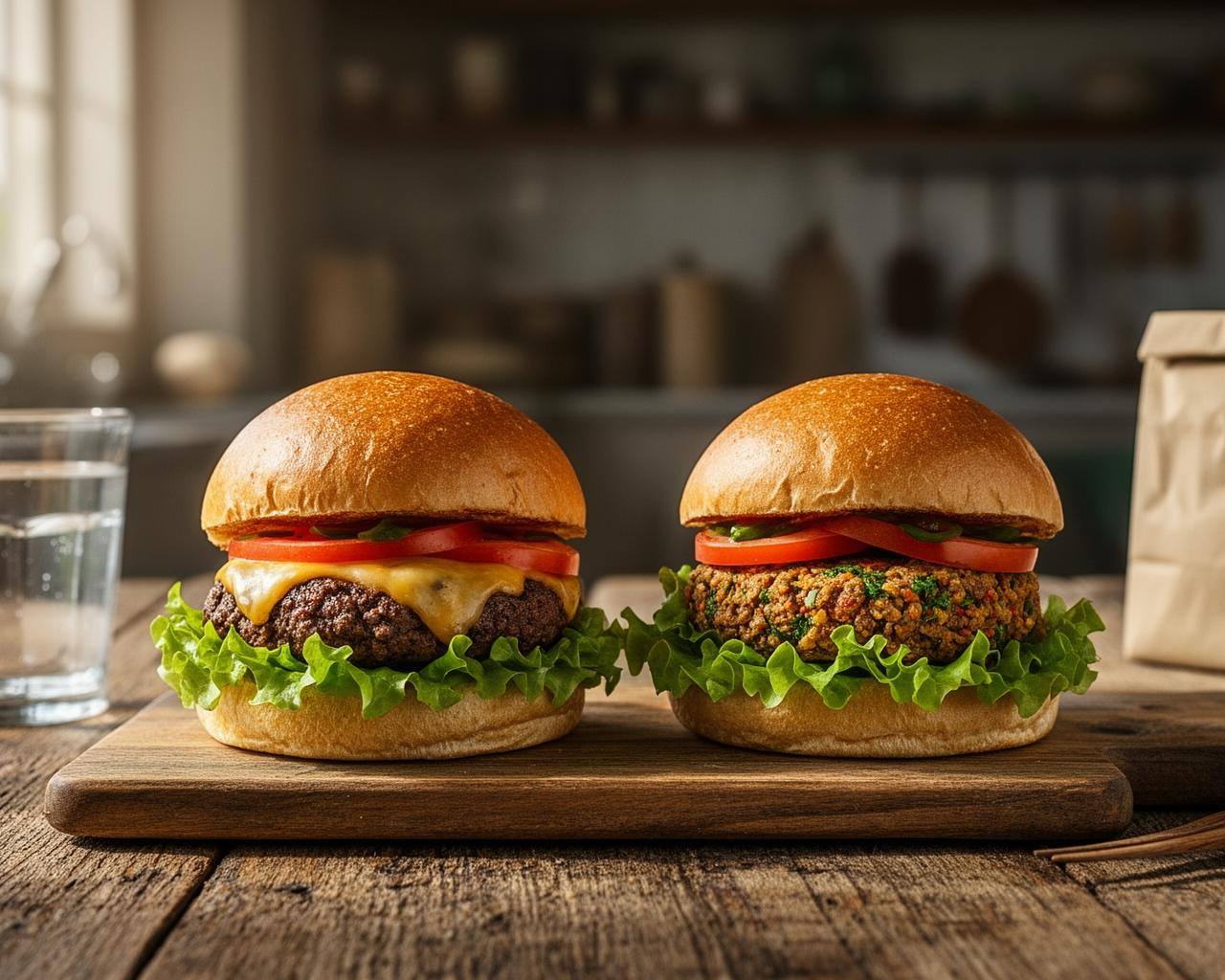 Gourmet beef and plant-based burgers on wooden table with fresh ingredients