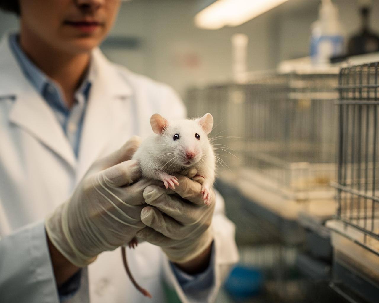 Chercheur en blouse blanche tenant une souris blanche avec précaution dans un laboratoire moderne.
