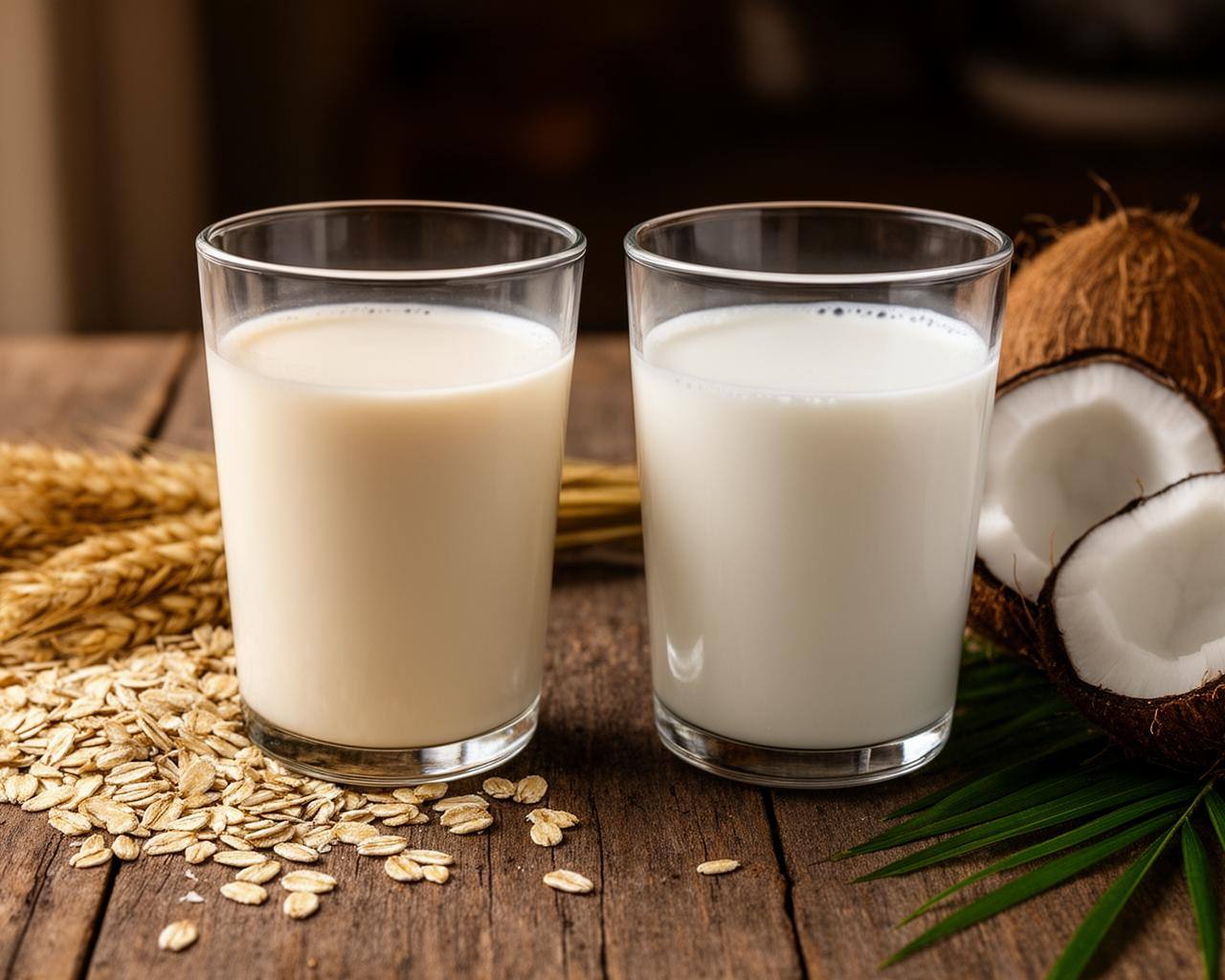 Deux verres de lait végétal, avoine et coco, sur fond naturel