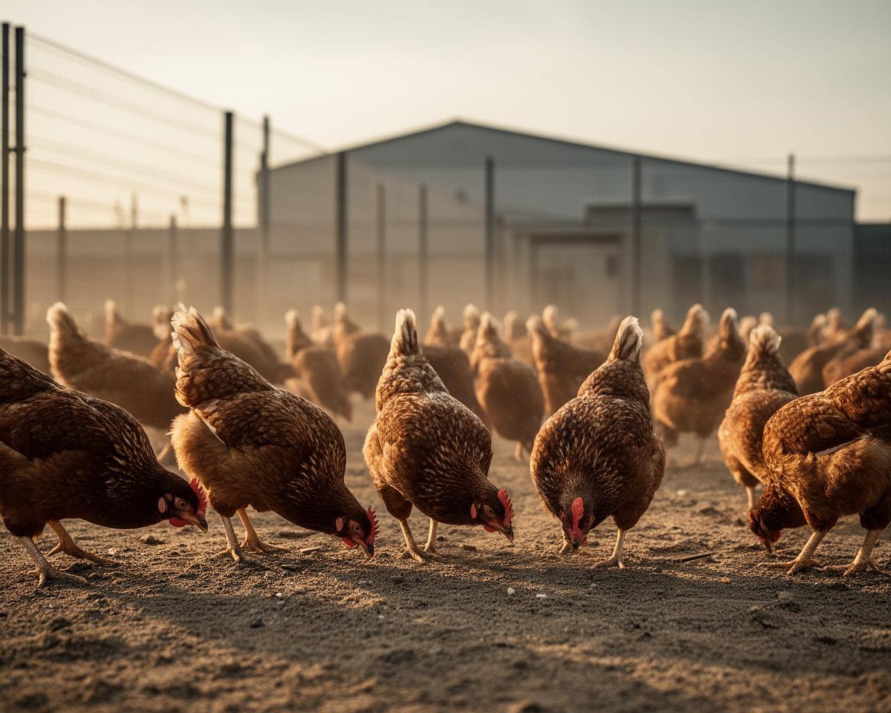 Poules en élevage plein air, parcours extérieur limité, ambiance industrielle