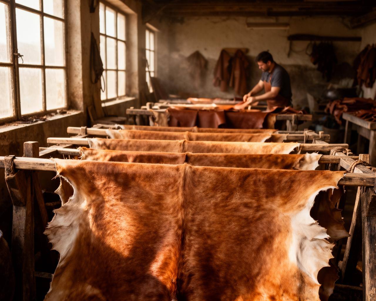 Raw cattle hides on tannery racks in warm light