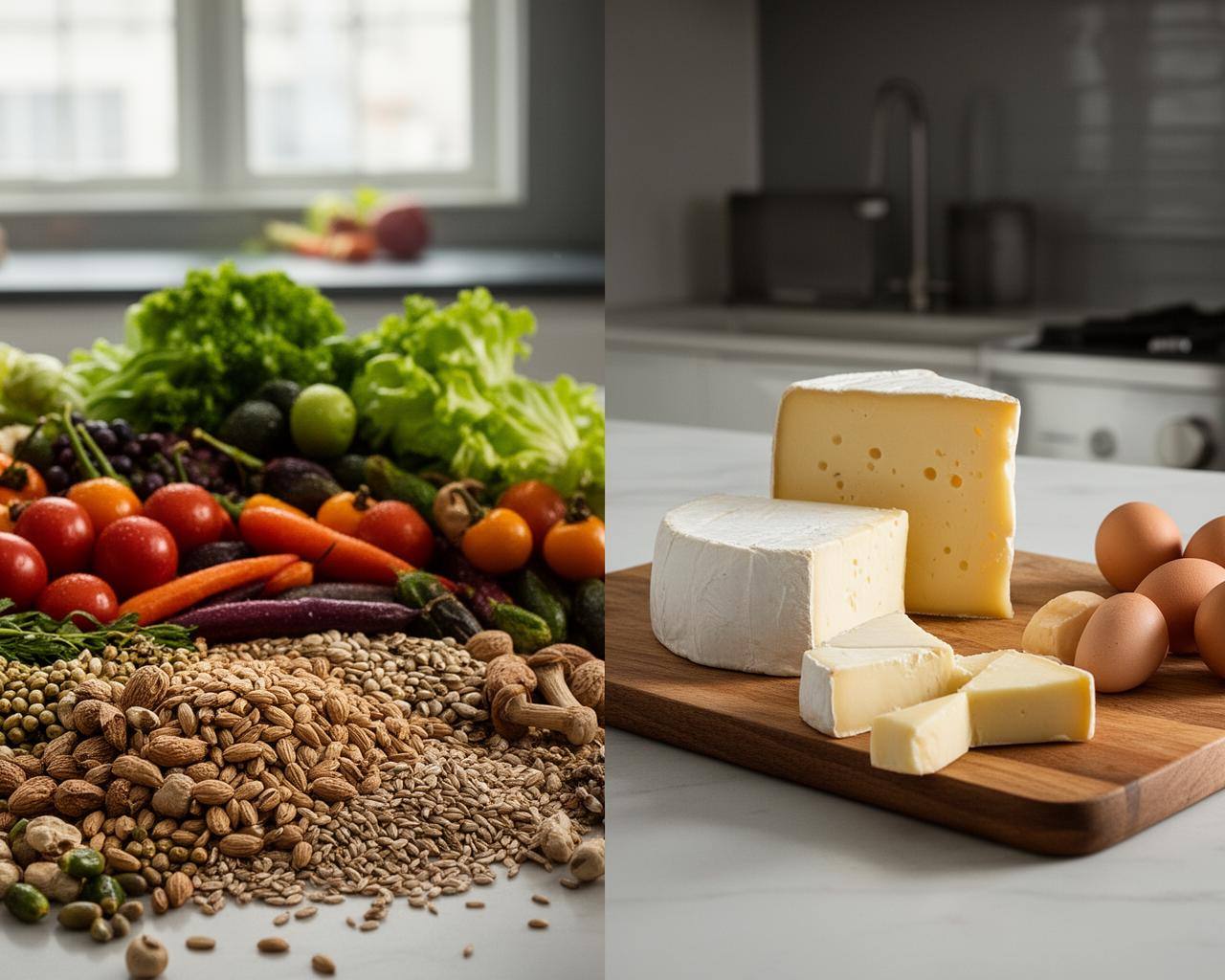 Vergleich vegane und vegetarische Lebensmittel auf einer Küchentheke