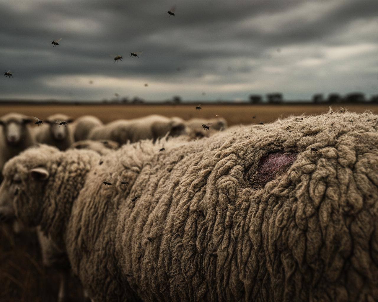 Moutons mérinos au pelage excessif dans un champ australien, ambiance dramatique