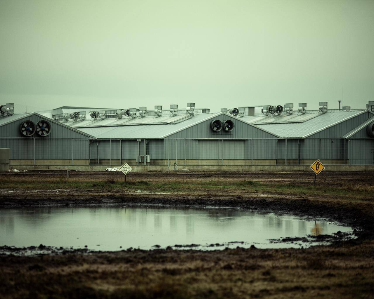 Aerial view of a concentrated animal feeding operation with barns and a manure lagoon.