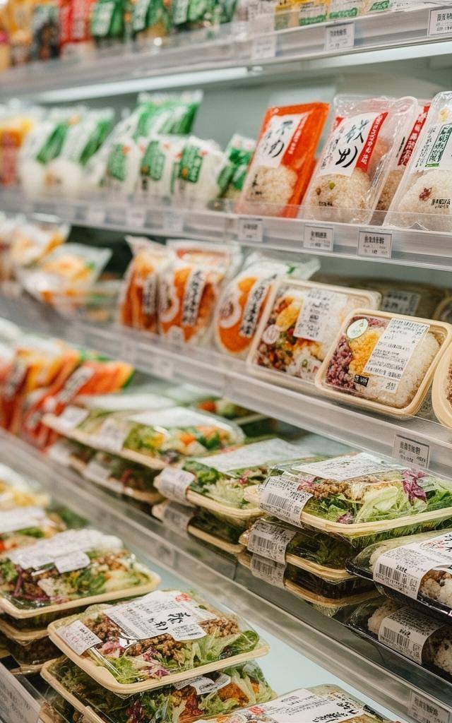 コンビニの棚に並ぶヴィーガン対応の食品（おにぎり、サラダ、惣菜）