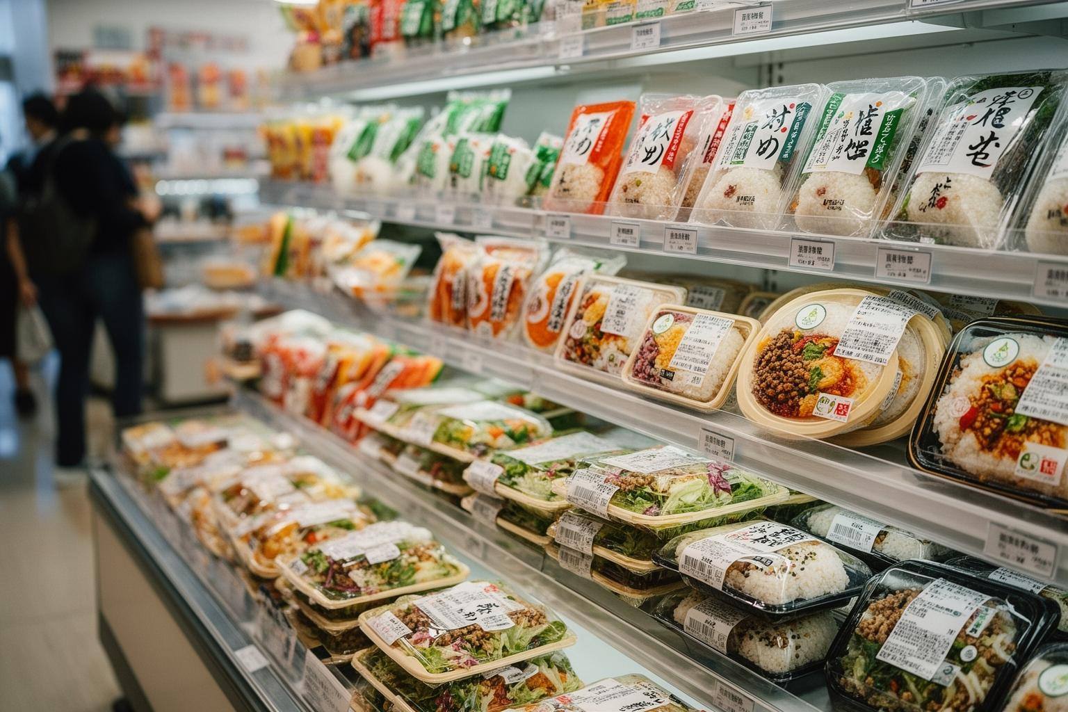 コンビニの棚に並ぶヴィーガン対応の食品(おにぎり、サラダ、惣菜)