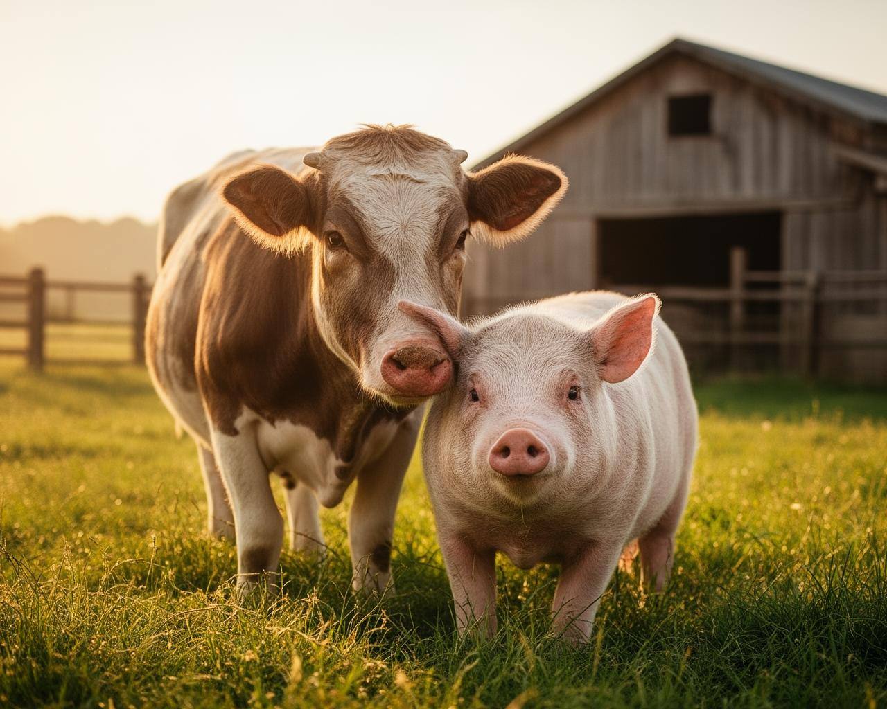 Vache et cochon paissant ensemble dans un sanctuaire ensoleillé.