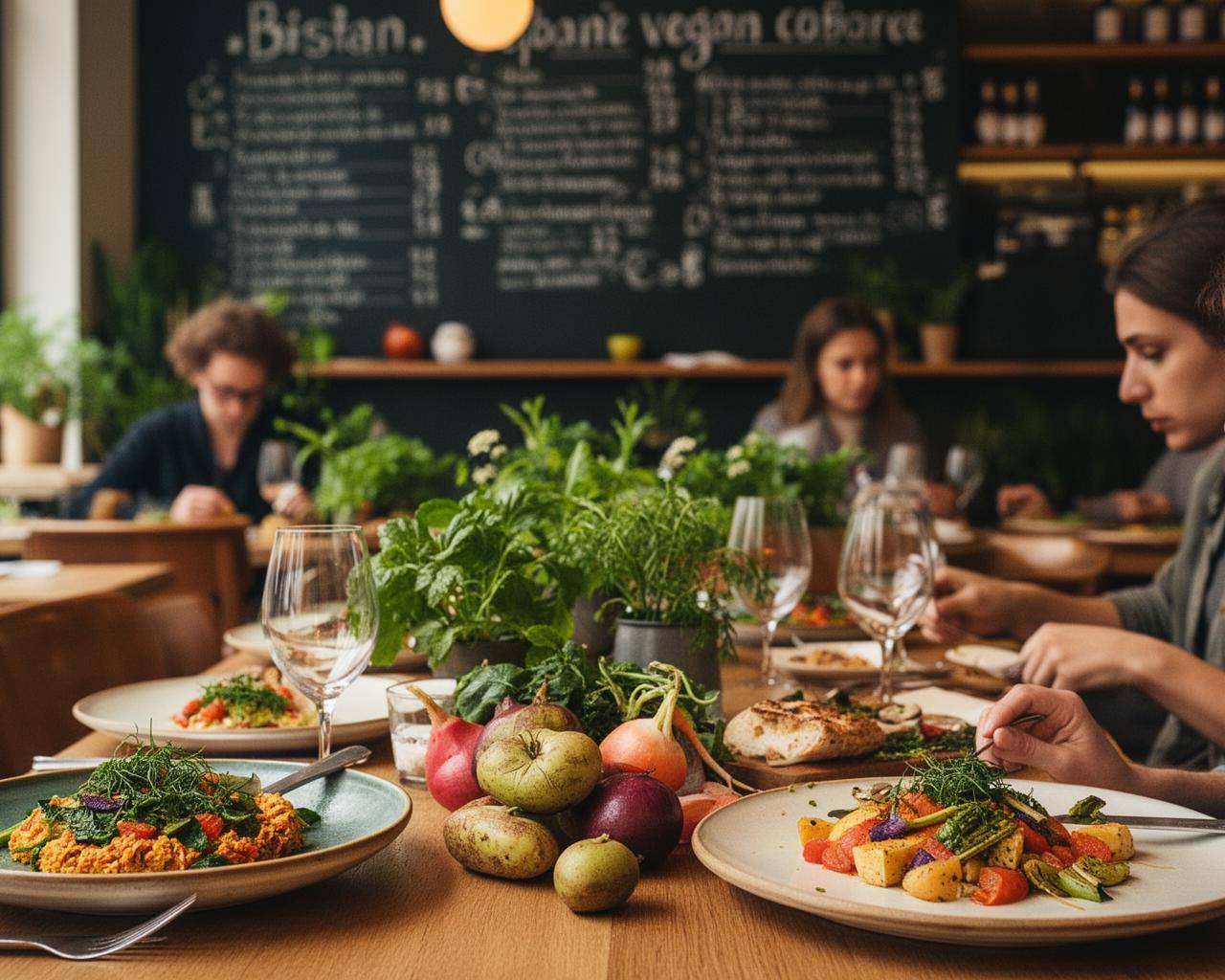 Interior acogedor de un restaurante vegano moderno en París.