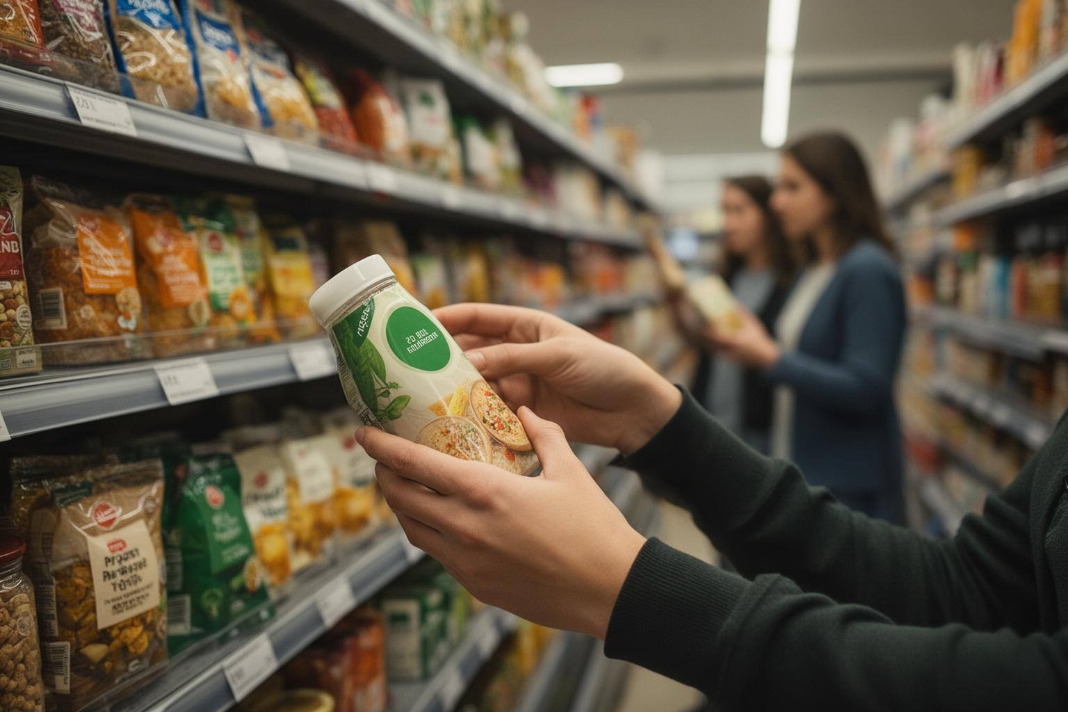 Shopper reading an animal welfare label on a product package in UK supermarket