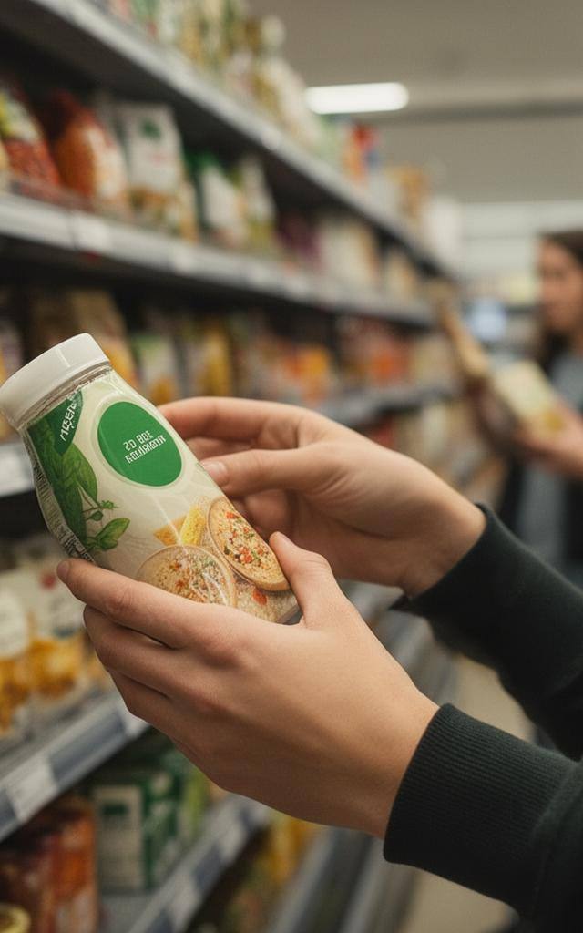 Shopper reading an animal welfare label on a product package in UK supermarket