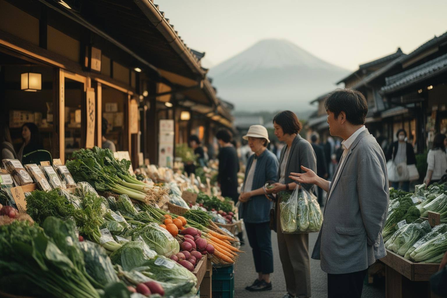 2026年の日本の市場でプラントベース食品を選ぶ人々、動物の意識を考慮した食生活の広がりを象徴